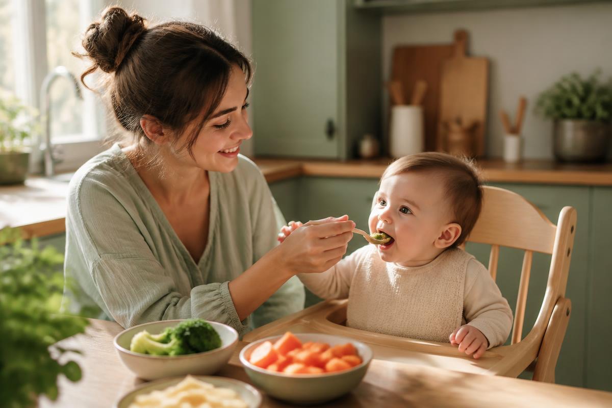 Mae feliz alimentando seu bebe com alimentos saudaveis